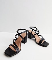 New Look Wide Fit Black Leather-Look Multi Strap Block Heel Sandals